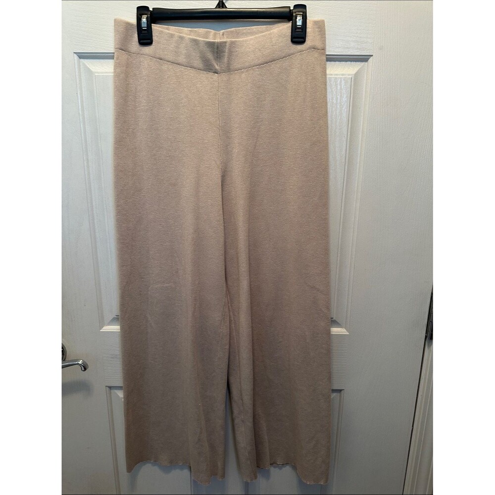 Pink Rose Women's Wide Leg Knit Pants in Beige Travel Comfort Chic Neutral XL